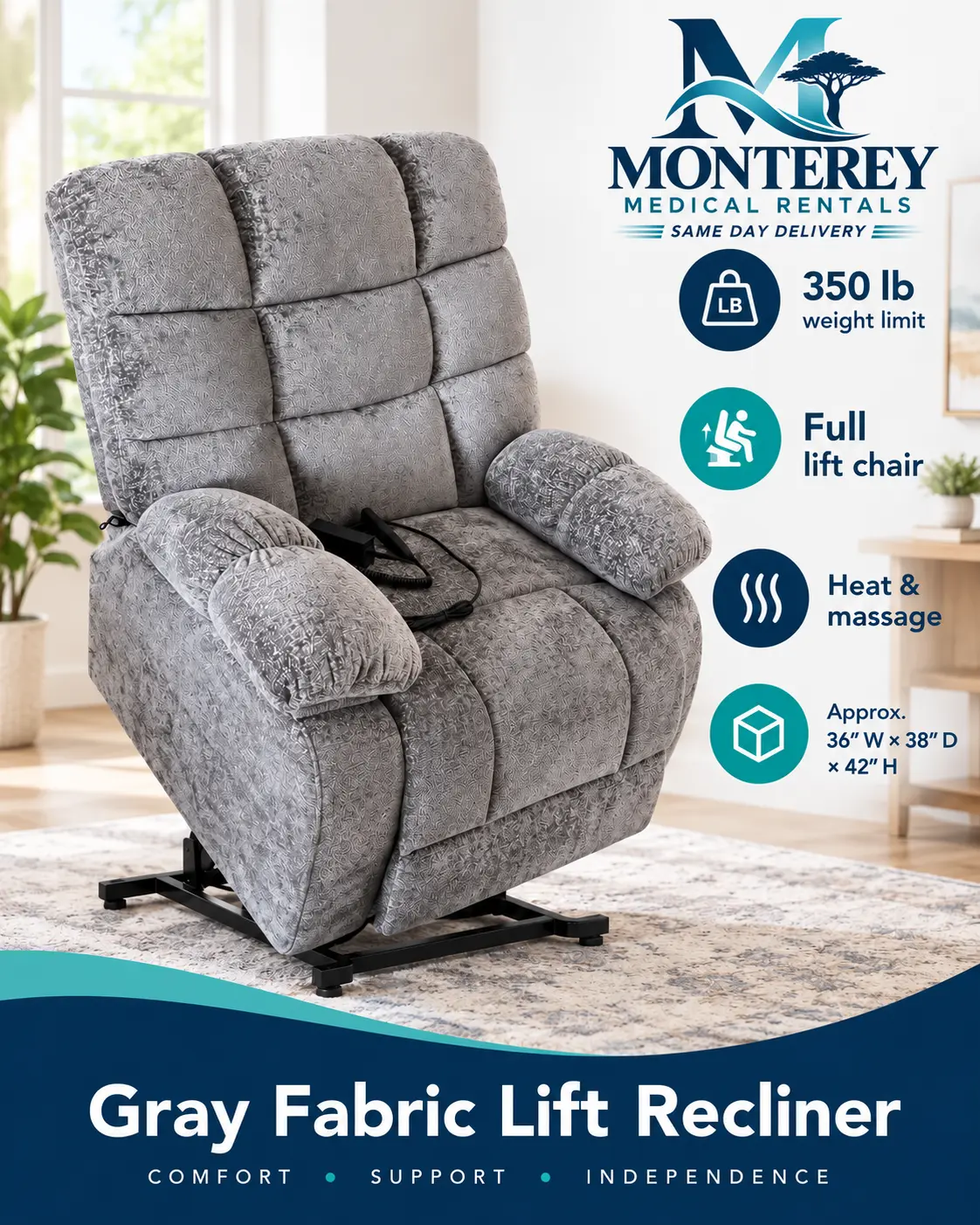 Gray fabric lift recliner flyer with Monterey Medical Rentals logo