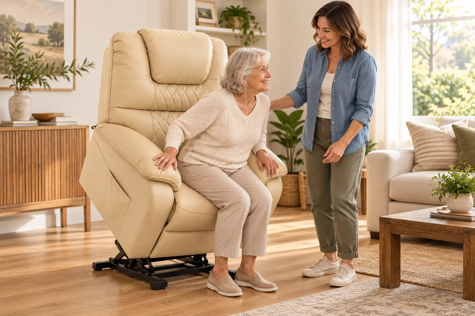 Illustrative scene of an older woman preparing to stand from a raised lift chair, with family nearby