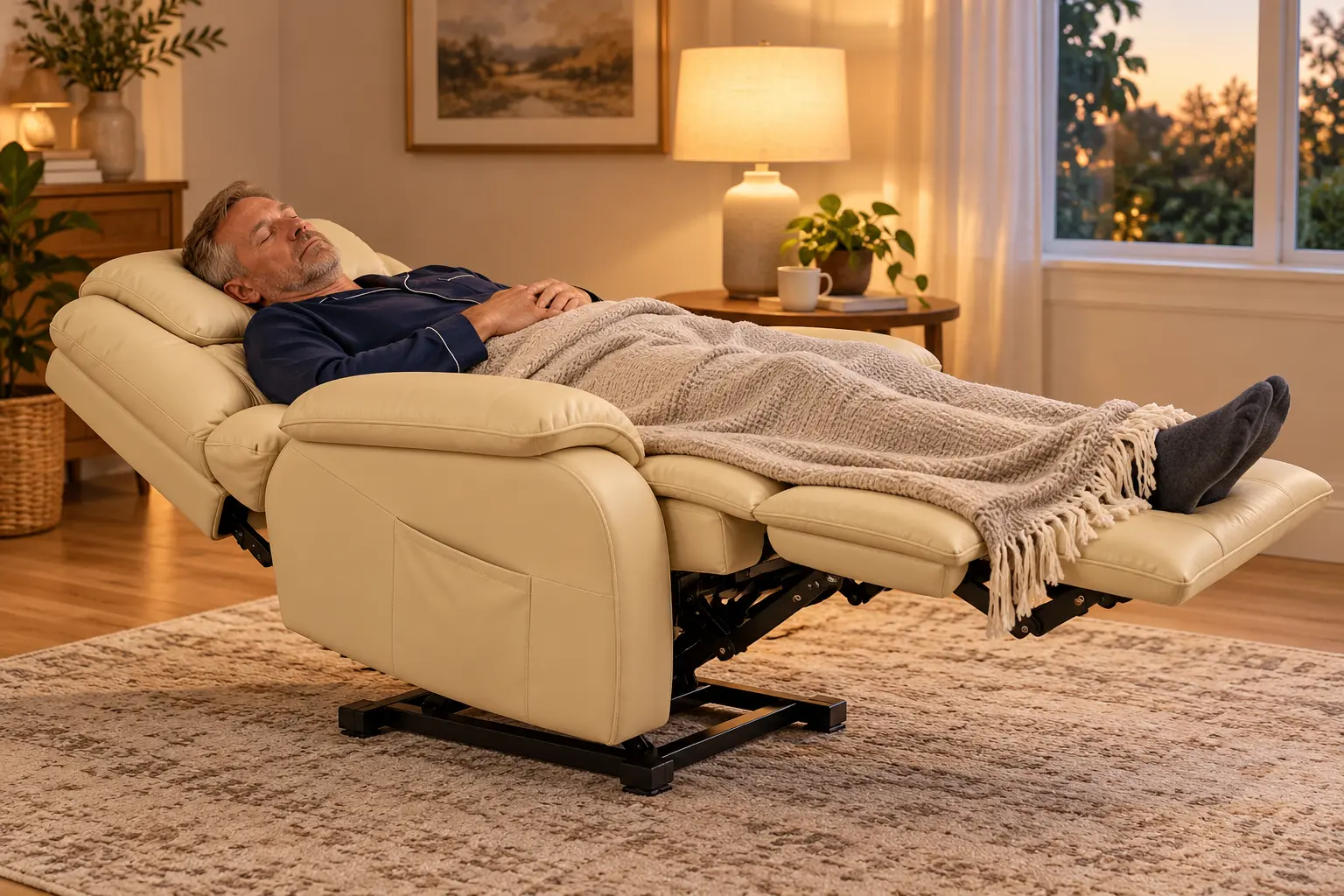 Illustrative scene of a man sleeping in a fully extended, flat cream power lift recliner